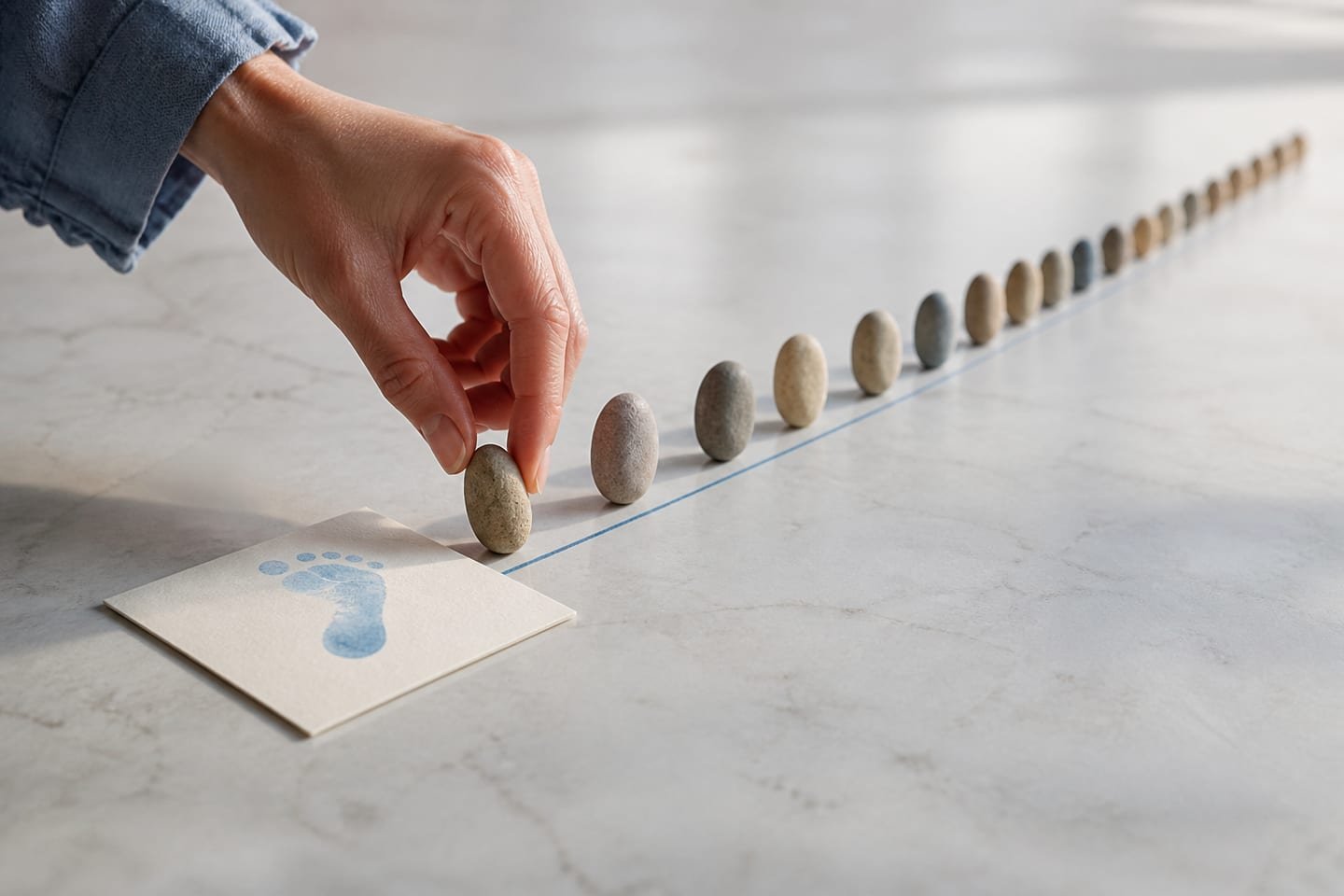 A birth-date card marked as the starting boundary leads to a first elapsed-day marker and a long tactile timeline.