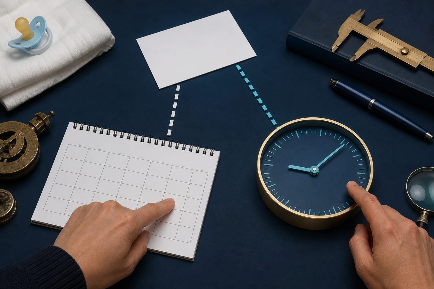 A paper calendar day and a separate clock-face marker sit on parallel timelines that share the same starting card.