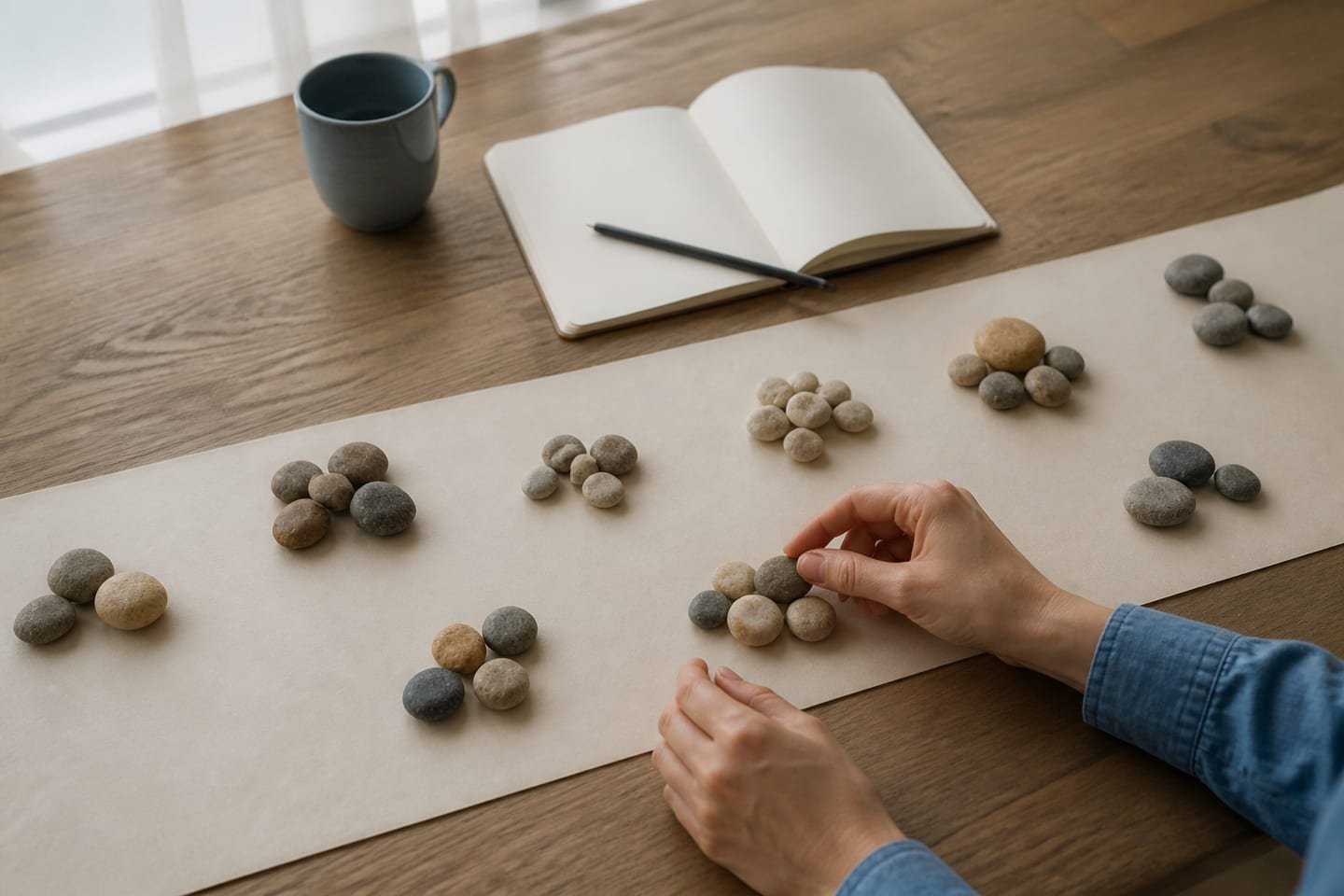 Several differently sized groups of tactile timeline stones are considered without presenting any one milestone as more important.