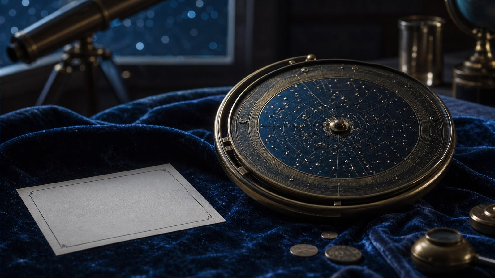 A brass star-map instrument rests on indigo velvet beside a blank birth-date card.
