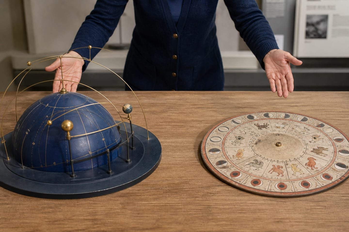 A seasonal sun-path model and a separate lunar-year calendar occupy different sides of an educational table.