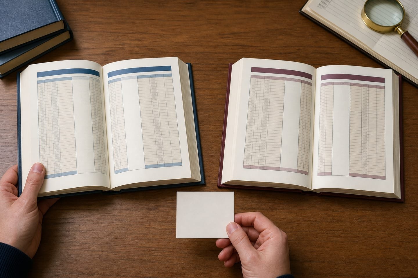 Two reference books show slightly offset blank boundary cards beside the same birth-date marker.