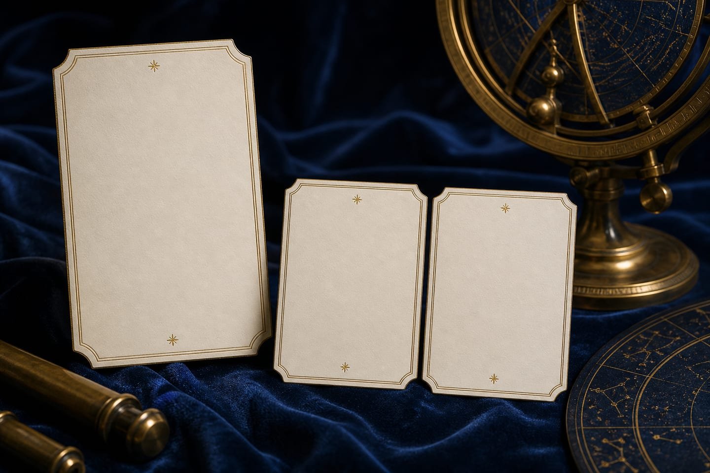 A birth-date card sits beside a restrained astronomical chart and two adjacent blank zodiac boundary cards.